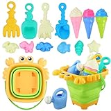Ecofocet 15 Stück Sandspielzeug Set mit Faltbarem Eimer und 3 Themenformen, Buntes Strandspielzeug für Kinder ab 3 Jahre, Sandkasten Spielzeug mit Schaufeln Sandförmchen - Zufällige Farbe