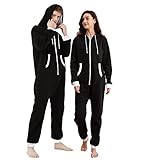 Dodheah Unisex Onesie Schwarz Pyjama Einteiler Overall Jumpsuits Nachtwäsche Familie Loungewear mit Kapuze Reißverschluss Schwarzer Weißer-XXL