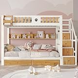 LAKFEW Kinderbett Etagenbett 90x200 cm für 2 Kinder mit Stauraum Treppe und Regalen, Hochbett mit Absturzsicherung und 2 Schubladen, Holzbett mit Lattenrost aus Holz, Weiß + Natur, Ohne Matratze