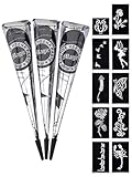 eLander 3x Henna Tattoo Temporäre Natürliche + 10x Schablone, Mehndi , Kegel, sticker, Tätowierung (schwarz)