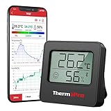 ThermoPro TP357B 80m Bluetooth Hygrometer Innen Thermometer für Innenräume mit APP Mini Luftfeuchtigkeitsmesser mit Smiley-Indikator Datengrafik für Büro, Weinkeller, Gewächshaus Schwarz