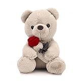 Teddybär, Plüsch-Bär, Teddy mit Rose, 23 cm Teddybären Rose Stofftier Spielzeug Dekozimmer Kissen, Plüschtier Kuscheltier Schmusetier Geschenke für Mama, Kinder Mädchen, Geburtstag, Valentinstag