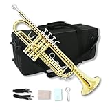 WUQIMUSC Standard Bb Trompete Set für Anfänger, Studenten Trompete, Messing Trompeteninstrument, B Flach, mit 7C Mundstück, Reinigungstuch, Handschuhen und Hartschalenkoffer (Golden)