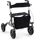 FANTASK Rollator mit Sitz für Senioren, Rollatoren Aluminium 6-fach höhenverstellbar, faltbar und leichtgewicht Laufhilfe mit Luftbereifung, 2 in 1 Rollstuhl & Reiserollator bis 136kg (Schwarz)