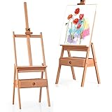 COSTWAY Staffelei mit Ablage und Schublade, Künstlerstaffelei Buchenholz, Standstaffelei verstellbar, Atelierstaffelei für Leinwände bis 92cm, Bodenstaffelei
