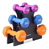 Amazon Basics Hantel-Set mit Neoprenbeschichtung, mit Hantelständer, 3 Stück (1 kg, 2 kg, 3 kg), Mehrfarbig