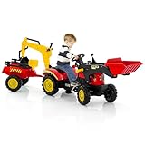 DREAMADE Trettraktor, Kindertraktor mit Anhänger & Schaufel & Frontlader, Kinderbagger Sitzbagger mit Hupe & Rechen, Tretfahrzeug für Kinder ab 3 Jahren (Rot)