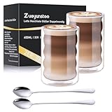 Zueyunstoo Doppelwandige Latte Macchiato Gläser 400ml, 2er Set Borosilikatglas Kaffeetassen mit 2 Löffeln für Cappuccino, Latte, Tee, EIS, Eistee, Iced Americano und Milch