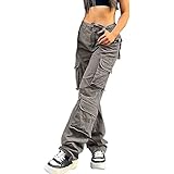 Cargohose Damen Low Waist Cargo Jeans Gerade Breites Bein Baggy Denim Hosen Y2k Aesthetic Vintage Jeanshosen 90er Streetwear Boyfriend Pants Straight Leg Pants Loose Sweathose