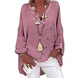 Generic Damen Langarm Leinen - Blusenshirt Elegante Blusen GroßE GrößEn Longshirt Oversize Vintage Hemdbluse V-Ausschnitt Langarmshirt Tunika BluseSweatshirt Festliche Oberteile, Violett, 3XL