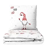 Biber Bettwäsche 135x200 Winter · Wichtelzauber HoHoHo Bettwäsche Wintermotiv Sterne · Geschenke Weihnachts-Bettwäsche 135x200 + 80x80 cm -100% Baumwolle · Winterbettwäsche Wichtelset rot