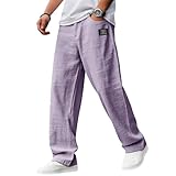 Jogginghose Herren Elastische Taille Freizeithose Outdoor Training Sporthose mit Taschen Männer Leinenware Einfarbig Baggy Sweathose mit Sticklogo Lila
