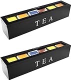 2x TMV24 Teebox mit 6 Fächern, Tee Kiste aus Holz Aufbewahrungsbox Dose mit Sichtfenster schwarz, Praktische Teeaufbewahrungsbox für Teebeutel, Teebeutelbox und Tee Organizer, Teedose