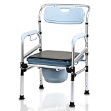 Izrielar Toilettenstuhl Höhenverstellbar, WC-Stuhl Antirutschendenmit gepolsterter Sitzplatte und Toiletteneimer, Armlehne und Rückenlehne, Klappbarer Tragbarer Toiletteneimer, Duschhocker bis 160kg
