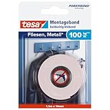 tesa Powerbond Montageband für Fliesen & Metall Extra Stark, mit bis zu 100 kg Haltekraft pro Meter - doppelseitiges Montageklebeband für glatte Oberflächen - 1,5 m x 19 mm