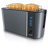 Arendo - Edelstahl Toaster Langschlitz 4 Scheiben - Defrost Funktion - wärmeisolierendes Gehäuse - mit integrierten Brötchenaufsatz - 1500W - Krümelschublade - Display mit Restzeitanzeige - Cool Grey