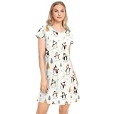 CHIFIGNO Damen-Nachthemd, kurzärmelig, Pyjama, Hemd, Sommer-Hauskleid für Damen, Nachthemden, Niedliche Pinguine, Eislaufen, Beige, M