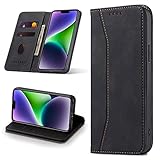 Leaisan Handyhülle für iPhone 14 Hülle Premium Leder Flip Klappbare Stoßfeste Magnetische [Standfunktion] [Kartenfächern] Schutzhülle für iPhone 14 5G (6,1 Zoll) Tasche - Schwarz