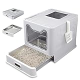 Katzenklo Edelstahl mit Deckel – Faltbare Geschlossene Katzentoilette mit Schublade – Geruchsfrei, Auslaufsicher & Leicht zu Reinigen – Doppelter Eingang/Ausgang – Mit Schaufel (38,3×51×41 cm) – Grau