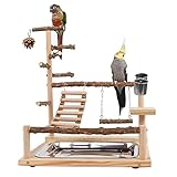 WishesMar Wellensittich Spielplatz Vogel-Spielplatz mit Feeder-Cup Spielzeug Leiter Erklimmen Schaukel und Tablett für Nymphensittich Papageien Wellensittiche, Holz, Größe 45x37x26 cm #A