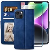 YATWIN Kompatibel mit iPhone 14 Hülle und iPhone 14 Handyhülle +1 Stück Panzerglas Schutzfolie, Klapphülle Premium Leder Brieftasche Schutzhülle Handytasche für iPhone 14 Case, Blau