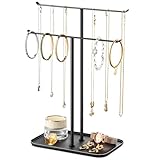 Schmuckständer in Schwarz, 2-stöckiger Schmuckbaum & Kettenhalter mit Tablett – Kettenständer zur Aufbewahrung von Halsketten, Armbändern, Ohrringen und Ringen, ideal für Schminktisch oder Kommode