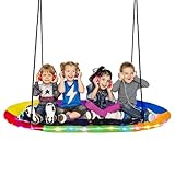 GOPLUS Nestschaukel Outdoor, 150 x 81 cm Kinderschaukel mit LED-Lichtern bis 150 kg Belastbar, Hängeschaukel 100-180 cm höhenverstellbar, Baumschaukel Rundschaukel für Kinder ab 3