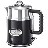Russell Hobbs Wasserkocher [1,7l, 2400W] Retro Schwarz & polierter Edelstahl (Schnellkochfunktion, Wassertemperaturanzeige im Retrodesign, außenliegende Wasserstandsanzeige) Vintage Teekocher 21671-70