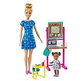 Barbie-Puppe Lehrerin (blond), Kinderpuppe (brünett), Tafel, Laptop, Rucksack, Kinderschreibtisch, Schildkröte, tolles Geschenk für Kinder ab 3 Jahren, HCN19