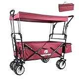 Bollerwagen Handwagen faltbar mit Sonnendach Breitreifen schwarz，Rollen mit Bremse, Strandwagen mit Sonnenschutz, für den Garten Camping Kinder, 150 kg belastbar (Red)