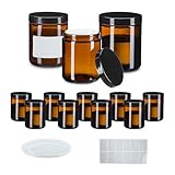 Relaxdays Salbentiegel, 12er Set, 240 ml, Braunglas, Tiegel mit Schraubdeckel, Abdeckscheiben, Etiketten, braun/schwarz