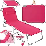 tectake® Sonnenliege mit Dach, Strandliege klappbar, leichte Gartenliege, Outdoor Liegestuhl mit Verstellbarer Rückenlehne, inkl. Kopfkissen - ideal für Balkon, Terrasse, Camping, Strand - pink