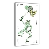 LITGY Frosch-Poster mit Schmetterlingsnetz, Vintage-Kunst-Leinwandposter, Rahmen-Stil, 20 x 30 cm