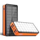 Solar Powerbank 30000mAh tragbare Ladegerät Akku-Pack mit 32 LEDs Taschenlampe 4 Output Ports & 2 Input Ports Kompatibel mit Smartphone Tablet Kopfhörer für Camping Wandern Reise