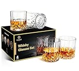 GLASKEY Whisky Gläser 4er Set,315ml Bleifreie Kristallwassergläser,Cocktail Rum Wodka Scotch Gin Cognac Wasser Whisky Heavy-Based Gläser,Whiskyglas Geschenkset für Männer,Papa,Bruder