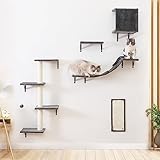 Kletterwand Katzen Set - 5-teiliges Katzen-Wandregale, Stabiler Holzkletterer für Katzen, Wandpark mit Katzenhaus, Katzenbrücke, Katzenbaum, Katzentreppe und Kratzbrett für Katzen bis zu 10 kg (Grau)