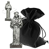 Lunexus Mini Heiligenfigur Antonius mit Kind – silberfarbene Metallfigur 3 cm – freistehend in transparenter Schutzhülle – gesegnet mit Zertifikat – Taschenfigur für Auto Reise Hausaltar