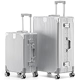 KOFA Zurich Kofferset 2 Teilig, M-55cm & XL-75cm Aluminium Rahmen Hartschalen Trolley, Carry-on + Check-in Koffer, Reisekoffer Spinner mit 4 Rollen und doppelte TSA Schloss 35L + 94L (Silber)