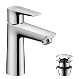 hansgrohe Talis E - Waschtischarmatur mit Push-Open Ablauf, Wasserhahn Bad mit Auslauf Höhe 110 mm, Mischbatterie Waschbecken wassersparend (EcoSmart), Chrom