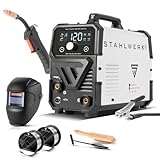 STAHLWERK Schweißgerät Mini FLUX 120 ST Digital – Vollausstattung – Fülldrahtschweißen ohne Schutzgas bis 120 A, kompakt, synergischer Drahtvorschub, mit LED-Licht, Lift-TIG- und MMA/ARC-Funktion