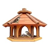 Vogel Futter Haus Futterstelle Sechseck aus Holz Vogelhaus,Vogelfutterhaus zum Stellen für den Garten.Futterstation für Wildvögel (Braun+Rot+Gelb)