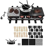 LZQ Raclette Grill mit Fondue für 12 Personen, 1650W, Doppel- und Dreifach-Heizstufen, Naturgrillstein & Antihaft-Grillplatte, Tischgrill mit 12 Pfännchen, Fondue-Set, Elektrischer Partygrill