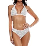 LEOMOSTE Sexy Pailletten-Bikini-Set für Damen, glitzernd, sexy Push-Up-Badeanzug, Strandbekleidung, Weiss/opulenter Garten, Large