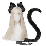 JIAHG Halloween Kostüme Plüsch Katzenohren katzenschwanz Cosplay Set katzenschwanz und Ohren Katzenohren Ohren Haarspange Headwear Damen Halloween Fasching Karneval Masquerade Cosplay Frauen