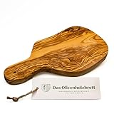 DAS OLIVENHOLZBRETT® Knoblauch Schneidebrett aus Olivenholz/Kräuterschneidebrett/Zwiebelbrett aus Holz mit Griff aus Olivenholz/mit Loch zum Aufhängen incl. Griff 25cm