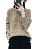 Damen Ganzjahres-Cardigan Wollpullover Rundhals Hohl Langarm Strickoberteil Pullover, Braun Grau, L