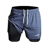 Herren Laufshorts 2 in 1 Shorts Gym Athletic Shorts Outdoor Marathon Workout Trainingsshorts Grau M