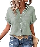 MAGIMODAC Damen Hemdbluse Kurzarm Baumwolle Shirt Hemd Bluse Sommer Freizeit Tshirt Casual Lässige Oberteile mit Knöpfen Hellgrün M