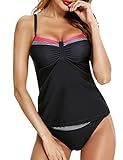 Aottori Tankini Damen Bauchweg Bademode Zweiteiler Tankini Set Badeanzug Push up Beachwear V-Ausschnitt Swimsuit mit Badeshorts Schwarz L