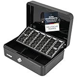 HMF Geldkassette abschließbar, Kasse mit Euro Münzzählbrett, 3 Banknotenfächer | 25 x 18 x 9 cm | Schwarz